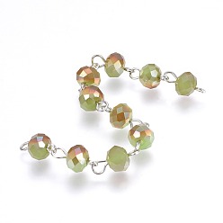 Yellow Green Handmade Faceted Electroplate Glass Beaded Chains, Unwelded, with Platinum Tone Iron Eye Pin, Yellow Green, 14x8mm, 39.37 inch(1m)/strand
