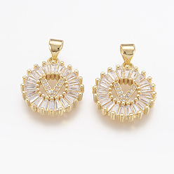 Real 18K Gold Plated Brass Micro Pave Cubic Zirconia Pendants, Long-Lasting Plated, Flat Round with Letter V, Real 18K Gold Plated, 17.5x16x3mm, Hole: 3.5x5mm