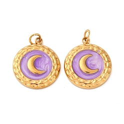 Средний Фиолетовый 304 нержавеющей стальной эмали подвески, плоская круглая с лунным шармом, с целью перехода в кольце, ионное покрытие (ip), реальный 18 k позолоченный, средне фиолетовый, 16.5x14x2.5 мм, отверстие : 2.5 мм