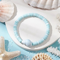 Shell Shape Плоские круглые браслеты ручной работы из полимерной глины heishi с бусинами, составные браслеты для женщин, с синтетической бирюзовой крошкой и фарфором, формы раковины, внутренний диаметр: 2-1/8 дюйм (5.4 см), раковина: 15x21x12 мм