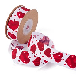 Red Single Face Polyester Heart Printed Satin Ribbon, Wired Ribbon, for Valentine's Day Gift Packaging, Red, 1 inch(25mm), about 5.46 yards(5m)/roll