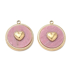 Rhodonite Natural Rhodonite Pendants, 304 Stainless Steel Flat Round with Heart Bezeled Charms, Ion Plating(IP), Real 14K Gold Plated, 19x16.5x4mm, Hole: 1.5mm