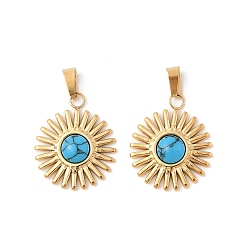 Золотой 304 из нержавеющей стали солнечные подвески, синтетические бирюзовые, плоские круглые прелести, ионное покрытие (ip), золотые, 21.5x18x4 мм, отверстие : 5.5x2 мм