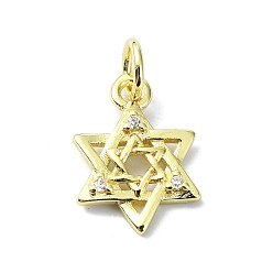 Star of David Латунные микропаве прозрачные кубические циркониевые подвески, без кадмия, без никеля и без свинца, звезда Давида, 14x10x2 мм, отверстие : 3 мм