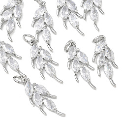 Platinum SHEGRACE Brass Clear Cubic Zirconia Pendants, Leaf Charms, Cadmium Free & Lead Free & Nickel Free, Platinum, 20.5x8.5x3mm, Hole: 3.5mm