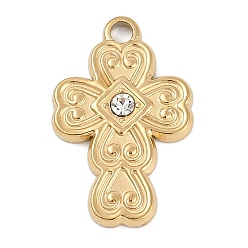 Настоящее золото 18K 304 из нержавеющей стали горный хрусталь подвески, крест очарование, ионное покрытие (ip), реальный 18 k позолоченный, 21x13x2 мм, отверстие : 1.9 мм