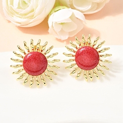 Red Sun Brass Stud Earrings, Cadmium Free & Lead Free, Real 18K Gold Plated, Rack Plating, Long-Lasting Plated, Red, 25mm