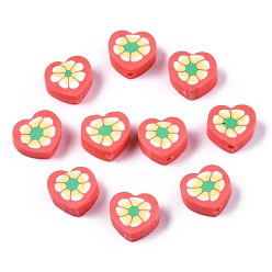 Tomato Handmade Polymer Clay Beads, Heart with Flower Pattern, Tomato, 9x9~10x4~5mm, Hole: 1.5mm
