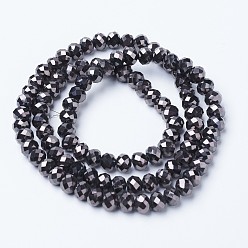 Gunmetal Plated Electroplate Transparent Glass Beads Strands, Full Plated, Faceted, Rondelle, Gunmetal Plated, 4x3mm, Hole: 0.4mm, about 123~127pcs/strand, 16.5~16.9 inch(42~43cm)