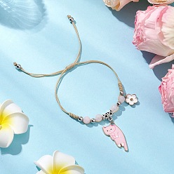 Rose Quartz Natural Rose Quartz Beads Braided Bead Bracelets, Cat & Clover, with Printed Alloy Pendants & Nylon Thread, Inner Diameter: 1 inch(2.5cm)