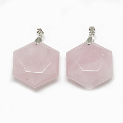 Rose Quartz Natural Rose Quartz Pendants, with Brass Findings, Hexagon, Platinum, 28x25x9.5mm, Hole: 4mm