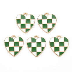 Морско-зеленый Подвески из эмали и сплава, без кадмия и без свинца, золотой свет, сердце, клетчатые подвески, цвета морской волны, 17.5x15.5x1.5 мм, отверстие : 1.8 мм