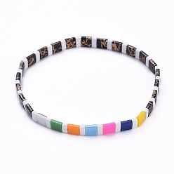 Black Rectangle Glass Seed Beads Stretch Bracelets, Mixed Style, Black, Inner Diameter: 2-1/8 inch(5.5cm)