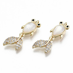 Real 18K Gold Plated Brass Micro Pave Clear Cubic Zirconia Pendants, with Cat Eye, Nickel Free, Goldfish, Real 18K Gold Plated, 22x8x2.5mm, Hole: 1.2mm