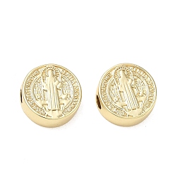 Real 18K Gold Plated Brass Beads, Flat Round with Saint Benedict Medal, Cadmium Free & Lead Free, Rack Plating, Long-Lasting Plated, Real 18K Gold Plated, 15x5.5mm, Hole: 3.5mm