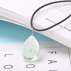 Azur Collier avec pendentif en forme de larme, fleur séchée intérieure en verre transparent, cordon ciré noir, azur, 17.72 pouce (45 cm)