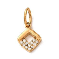 Oro 304 dijes de circonita cúbica transparentes micro pavé de acero inoxidable, encantos de rombos, revestimiento de iones (ip), dorado, 9.5x7.5x2 mm, agujero: 4x2.5 mm