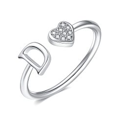 Letter D Регулируемые латунные манжеты со стразами для женщин, Сердце и письмо, платина, Буква D, внутренний диаметр: 15~20 мм