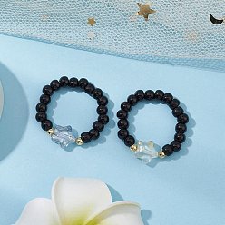 Черный Стеклянные бусинки стрейч-кольца, Звезда и круглый, чёрные, внутренний диаметр: 17 мм, 2 шт / комплект