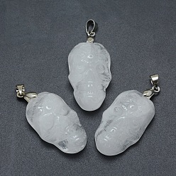 Quartz Crystal Natural Quartz Crystal Pendants, Rock Crystal Pendants, with Brass Findings, Skull, Platinum, 33x20x11~13.5mm, Hole: 4x5mm