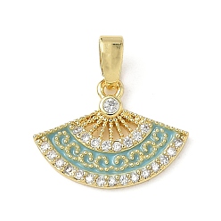 Темно-бирюзовый Латунные микро проложить кубического циркония подвески, с эмалью, вентилятор, реальный 18 k позолоченный, темные бирюзовый, 12.5x17x2 мм, отверстие : 2.5x5 мм