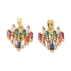 Golden Brass Micro Pave Colorful Cubic Zirconia Pendants, Heart Charms, Cadmium Free & Lead Free, Golden, 16x15x3mm, Hole: 5x3mm