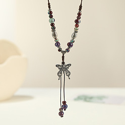 Аквамарин Длинные ожерелья с подвеской в виде бабочки из сплава и фарфора в этническом стиле для женщин, античное серебро, аквамарин, 15.75~31.50 дюйм (40~80 см)