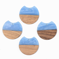 Cornflower Blue Opaque Resin & Walnut Wood Pendants, Gap Flat Round, Cornflower Blue, 34x36.5x3mm, Hole: 2mm