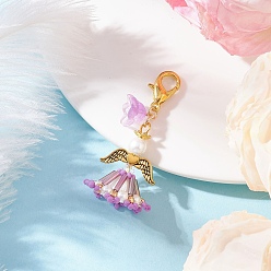 Фиолетовый Подвеска-ангел из стеклянного бисера ручной работы, с цинковым сплавом застежками омаров коготь, фиолетовые, 49.5 мм