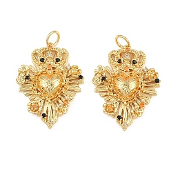 Plaqué 18K Or Véritable Pendentifs en laiton micro pavés de zircones cubiques orange, Cœur sacré avec breloques de couronne, crémaillère plaquage, plaqué longue durée, sans plomb et sans cadmium, réel 18 k plaqué or, 26x20x5mm, Trou: 3mm
