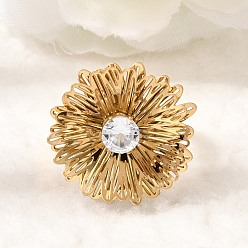 Золотой 201 Регулируемые кольца-манжеты из нержавеющей стали с одинарным кубическим цирконием для женщин, цветок, золотые, 23x23 мм, внутренний диаметр: 18 мм