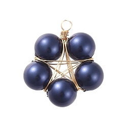 Dark Blue Shell Pearl Pendants, with Golden Plated Copper Wire, Flower, Dark Blue, 24x22x8mm, Hole: 2.3mm