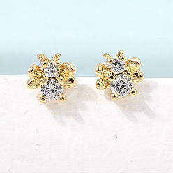 Clear Bees Brass Micro Pave Cubic Zirconia Stud Earrings for Women, Rack Plating, Long-Lasting Plated, Cadmium Free & Lead Free, Real 18K Gold Plated, Clear, 7x6.5mm