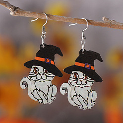 Cat Shape Деревянные серьги на Хэллоуин, с серьгами из нержавеющей стали и крючком, платина, серые, форма кошки, 70x26 мм