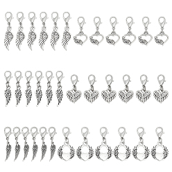 Plateado Antiguo & Platino 36 piezas 6 estilos alas aleación colgante decoraciones, con broches de langosta de la aleación de la garra, plata antigua y platino, 26~34 mm, 6 piezas / estilo