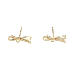 Real 18K Gold Plated Brass Stud Earring Findings, Cadmium Free & Nickel Free & Lead Free, with Horizontal Loops, Bowknot, Real 18K Gold Plated, 4.3x13.5mm, Hole: 1mm, Pin: 0.7mm
