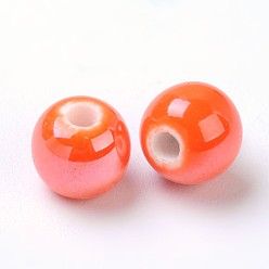 Coral Pearlized Handmade Porcelain Round Beads, Coral, 6mm, Hole: 1.5mm