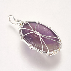 Amethyst Natural Amethyst Pendants, with Brass Findings, Oval with Tree, Silver Color Plated, 39~39.5x22~23x9~10mm, Hole: 4mm