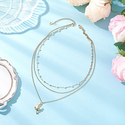 Луна Латунный кулон с прозрачным кубическим цирконием 304 цепочка из нержавеющей стали и искусственного жемчуга 3 многослойные ожерелья для женщин, белые, золотые, луна, 15.12 дюйм (38.4 см), Луна: 24x13.5x5 мм