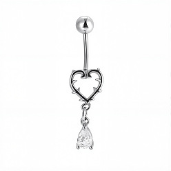 Сердце 316l Изогнутые кольца для живота в форме штанги из хирургической нержавеющей стали с прозрачным кубическим цирконием, цвет нержавеющей стали, сердце, длина стержня: 3/8"(10мм), штифты : 1.6 мм