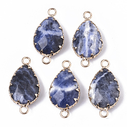 Sodalite Natural Sodalite Links connectors, with Golden Tone Brass Open Back Settings, Faceted, Teardrop, 26.5~27.5x14x6mm, Hole: 2mm
