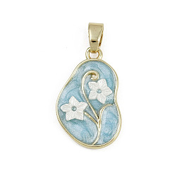 Небесно-голубой Латунь эмаль подвески, неправильный овал с цветочным шармом, с акриловой, без кадмия и без свинца, реальный 18 k позолоченный, голубой, 22.5x14x3 мм, отверстие : 2.5x5 мм