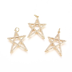 Golden Brass Micro Pave Cubic Zirconia Pendants, with Jump Ring, Long-Lasting Plated, Star, Clear, Golden, 28.5x20.5x2mm, Hole: 3mm