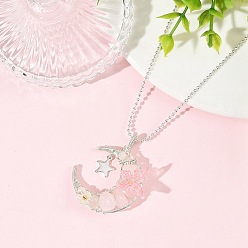 Rose Quartz Natural Rose Quartz Wire Wrapped Moon with Acrylic Butterfly Pendant 304 Stainless Steel Ball Chain Necklaces, Silver Color Plated, 17.72 inch(45cm)