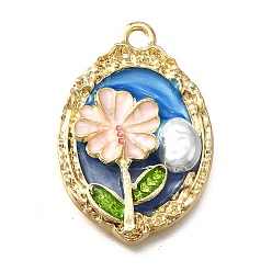 Озёрно--синий Подвески из эмали и сплава, с ABS имитации жемчуга, овальные с цветком, стойки покрытие, долговечный, без свинца, без кадмии и без никеля, золотые, Плут синий, 31x21x4.5 мм, отверстие : 2.2 мм