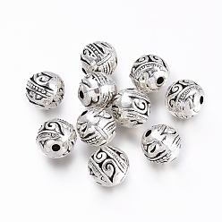 Antique Silver Tibetan Style Alloy Beads, Round, with Floral Pattern, Antique Silver, 8.5mm, Hole: 1.5mm