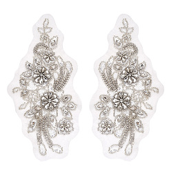 Серебро Компьютеризированная вышивка на ткани для пришивания украшений и аксессуаров, аппликации из стеклянных стразов и блестящих пайеток, серебряные, 265x135x5 мм