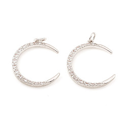 Платина Латунные микро проложить кубического циркония подвески, с прыжковых колец, полумесяц, прозрачные, платина, 18.5x15.5x2 мм, Перейти кольцо: 4x0.6 мм, отверстие : 2.5 мм