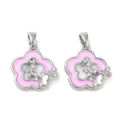 Платина Латунные микропаве прозрачные подвески с фианитом, без кадмия, без никеля и без свинца, с эмалью, цветок с бабочкой, платина, 15.5x15.5x4 мм, отверстие : 4.5x2.5 мм