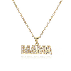 Слово Подвеска-колье «Мама» из латуни с микропаве и прозрачными кубическими циркониями в стиле Дня матери., с 304 цепями из нержавеющей стали, золотые, слово, 17.72 дюйм (45 см), Кулон : 30x23 мм